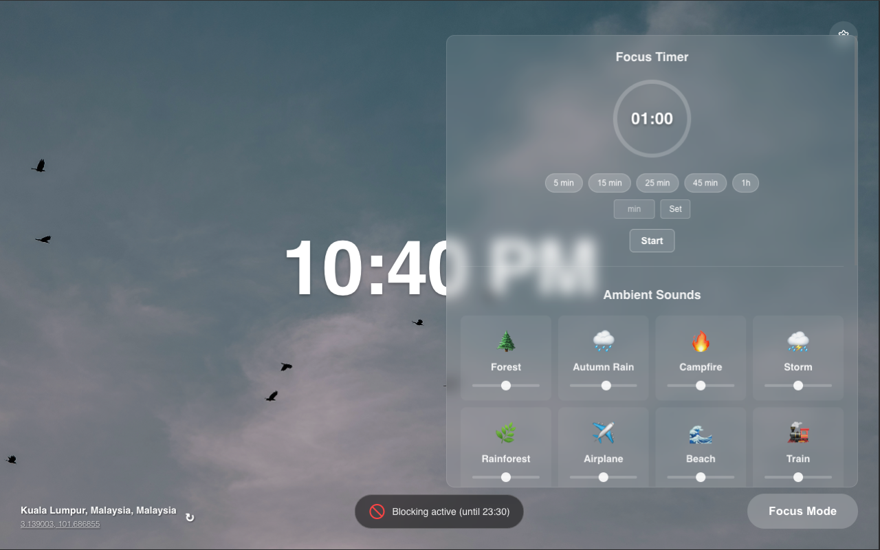 Kanso focus mode with timer and ambient sounds