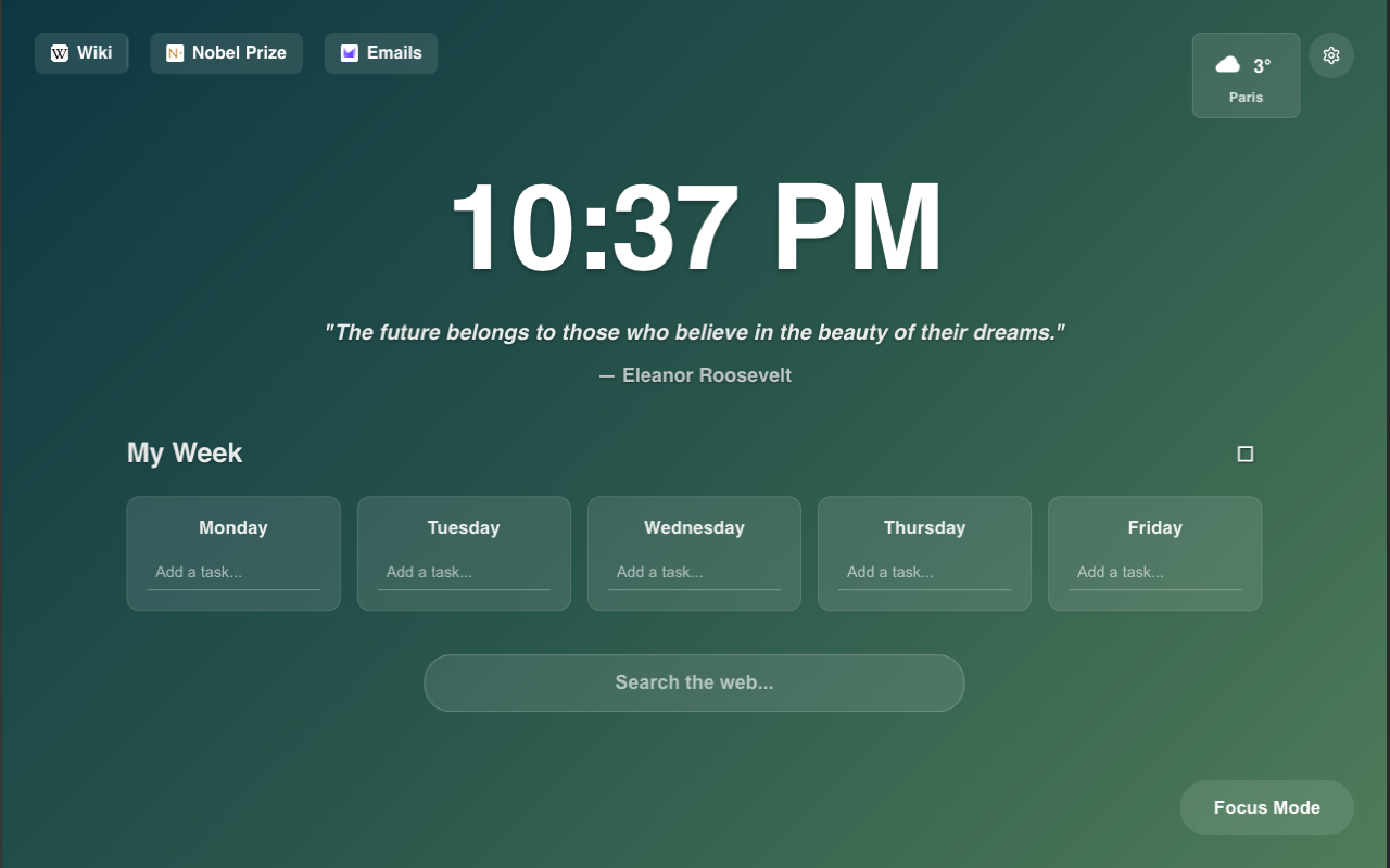 Kanso with gradient background, clock, todos and search